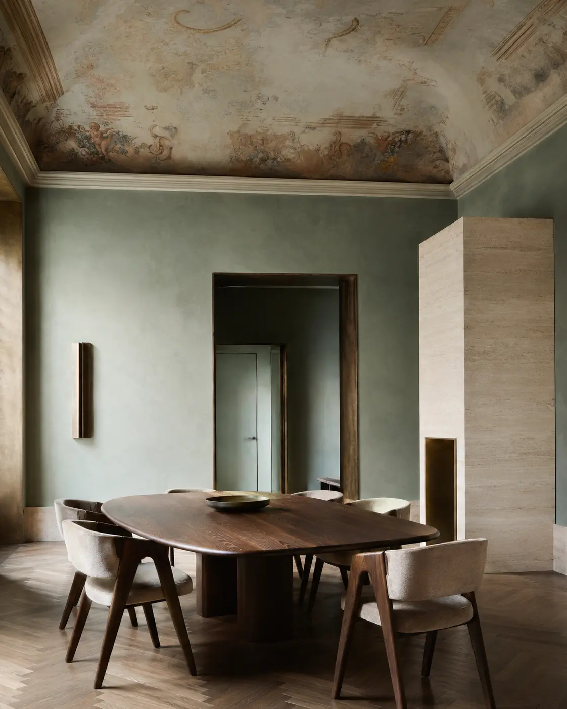 Sage Milan dining room with aged ceiling fresco.